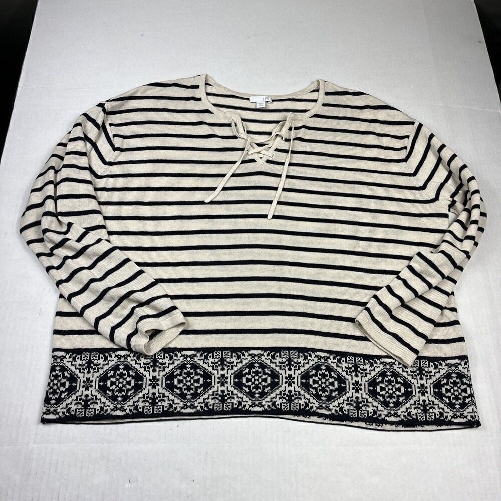 J.Jill Womens Lace Up Sweater Striped Long Sleeve Casual Pullover PL PETITES